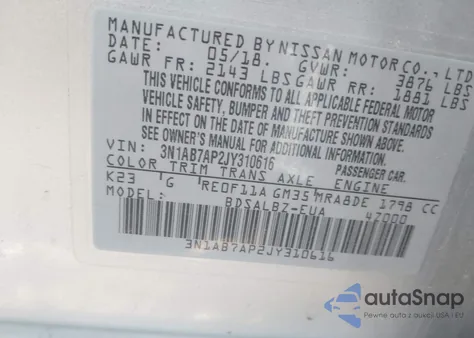 2018 Nissan Sentra S z USA, uszkodzony, nr VIN 3N1AB7AP2JY310616